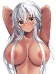  1girl absurdres armpits arms_behind_head arms_up blush breasts brown_eyes commentary_request dark-skinned_female dark_skin grey_hair hair_between_eyes hair_censor hair_down highres huge_breasts kantai_collection large_areolae long_hair looking_at_viewer mashiro_yukiya musashi_(kancolle) musashi_kai_ni_(kancolle) nude simple_background solo very_long_hair white_background 
