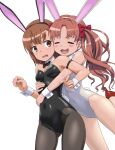  2girls animal_ears bare_legs black_bow black_bowtie black_leotard blush bow bowtie breasts brown_eyes brown_hair commentary covered_navel detached_collar fake_animal_ears fake_tail female_pervert frown grey_pantyhose hair_bow high_heels hug hug_from_behind leg_up leotard long_hair medium_hair misaka_mikoto multiple_girls open_mouth pantyhose parted_bangs pervert playboy_bunny rabbit_ears rabbit_tail red_bow red_footwear shirai_kuroko small_breasts smile standing standing_on_one_leg strapless strapless_leotard tail toaru_kagaku_no_railgun toaru_majutsu_no_index twintails vierosky wavy_mouth white_leotard wrist_cuffs yuri 