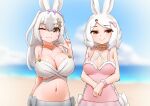  2girls ;) animal_ears arctic_hare_(kemono_friends) arm_behind_back beach bikini black_hair blurry blurry_background bow bow_choker bow_hairband breasts choker cleavage closed_mouth collarbone crescent crescent_hair_ornament day double-parted_bangs grey_hair hair_ornament hairband half-closed_eyes hand_up heart heart_hair_ornament highres horizon jewelry kemono_friends kemono_friends_3 large_breasts long_hair looking_at_viewer medium_breasts multicolored_hair multiple_girls navel ocean official_alternate_hairstyle one-piece_swimsuit one_eye_closed outdoors own_hands_together parted_bangs pendant pink_one-piece_swimsuit rabbit_ears red_eyes sand side-by-side smile snowshoe_hare_(kemono_friends) stomach strap_gap swimsuit two-tone_hair upper_body v white_bikini white_hair yellow_eyes yonkuron 
