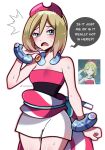  1girl blue_eyes fanning_self hair_ornament highres irida_(pokemon) looking_at_viewer open_mouth pokemon pokemon_(game) pokemon_legends:_arceus pokemon_masters_ex shirt short_hair shorts sweat sweatdrop touyarokii white_shorts 