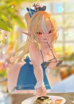  1girl absurdres apron ass blonde_hair blue_apron blue_bow blurry blurry_background bow breast_press breasts clipboard dark-skinned_female dark_elf dark_skin day elf elfriend_(shiranui_flare) food fork giving hair_bow highres hololive indoors large_breasts leaning_forward long_hair looking_at_viewer multicolored_hair naked_apron pointy_ears ponytail pparus red_eyes shiranui_flare smile solo streaked_hair virtual_youtuber waitress white_hair window wrist_cuffs 