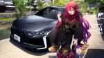  1girl black_kimono blue_eyes building car day ds_(brand) flower gradient_hair hairband heterochromia highres holding holding_flower hololive hololive_english horns irys_(hololive) japanese_clothes kimono motor_vehicle multicolored_hair outdoors photo_background pink_eyes purple_hair red_hair virtual_youtuber you&#039;a yukata 