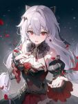  1girl black_dress breasts cleavage detached_sleeves dress earrings hair_ornament highres honkai_(series) honkai_impact_3rd jewelry looking_at_viewer luna_(honkai_impact) open_mouth outstretched_hand petals reaching reaching_towards_viewer red_eyes solo starry_background tearing_up theresa_apocalypse theresa_apocalypse_(lunar_vow:_crimson_love) ttosom white_hair 