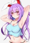  1girl absurdres animal_ears armpits arms_behind_head arms_up blush breasts cleavage closed_mouth collarbone commentary_request expressionless groin hair_between_eyes highres long_hair medium_breasts midriff navel otsu_oki_yuhi pink_eyes purple_hair rabbit_ears reisen_udongein_inaba signature simple_background solo touhou very_long_hair white_background 