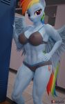  3d_(artwork) abs anthro anthrofied athletic athletic_female blue_body blue_feathers bra clothing digital_media_(artwork) equid equine feathers female friendship_is_magic hand_on_hip hasbro hi_res mammal muhjob my_little_pony nipple_outline pegasus rainbow_dash_(mlp) underwear wings 