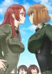  4girls absurdres blue_eyes blush bob_cut brave_witches breasts brown_hair closed_mouth cloud cloudy_sky gundula_rall hand_on_hip highres karibuchi_hikari large_breasts long_hair looking_at_another memory_(prophet5) military military_uniform minna-dietlinde_wilcke miyafuji_yoshika multiple_girls open_mouth outdoors red_eyes red_hair short_hair sky smile strike_witches sweatdrop uniform world_witches_series yuri 