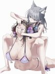  2girls absurdres animal_ear_fluff animal_ears bikini black_hair black_one-piece_swimsuit blue_archive blue_eyes breasts closed_eyes collarbone competition_swimsuit cross_hair_ornament eyeliner fang flower fox_ears girl_on_top grey_hair hair_flower hair_ornament highres large_breasts long_hair looking_at_another ltotyht makeup medium_hair mismatched_pupils multiple_girls navel official_alternate_costume one-piece_swimsuit open_mouth shiroko_(blue_archive) shiroko_(swimsuit)_(blue_archive) simple_background stomach swimsuit wakamo_(blue_archive) wakamo_(swimsuit)_(blue_archive) white_background white_bikini wolf_ears wrestling 