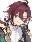  1boy armor black_choker choco_c14 choker closed_mouth genshin_impact green_eyes hair_between_eyes head_rest japanese_armor kote kurokote long_hair looking_at_viewer male_focus mole mole_under_eye ponytail red_hair shikanoin_heizou signature simple_background solo upper_body white_background 
