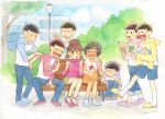  2girls 6+boys ;o bench brown_hair bush dark-skinned_female dark_skin denim denim_shorts food hair_tubes hairband hood_pull ice_cream inuyama_kinko keroko_(frolicfrogs) lamppost laughing low_twintails matsuno_choromatsu matsuno_ichimatsu matsuno_jyushimatsu matsuno_karamatsu matsuno_osomatsu matsuno_todomatsu multiple_boys multiple_girls one_eye_closed osomatsu-san park park_bench short_twintails shorts tree twintails yowai_totoko 