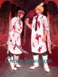  1boy 1girl apron black_necktie black_pants blonde_hair blood blood_on_clothes blood_on_shoes blood_on_weapon brown_hair butcher chainsaw chainsaw_man collared_shirt copyright_name denji_(chainsaw_man) drgryu750 food gloves hanging_food higashiyama_kobeni highres holding holding_chainsaw looking_at_viewer machete meat mole mole_under_eye necktie pants shirt shirt_tucked_in short_hair short_ponytail sideways_glance single_sidelock sleeves_rolled_up weapon white_apron white_gloves white_shirt yellow_eyes 