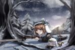  2_ru absurdres aiming aoba_chika binoculars forest fur_hat gun hat highres holding magia_record:_mahou_shoujo_madoka_magica_gaiden mahou_shoujo_madoka_magica miura_asahi nature nesoberi snow squirrel ushanka weapon winter 