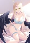  1girl ayumu_(blue_archive) barefoot black_wings blonde_hair blue_archive blue_bra blue_panties bra breasts cleavage closed_mouth collarbone feathered_wings feathers green_eyes halo highres large_breasts long_hair looking_at_viewer midorino_eni navel panties parted_bangs smile solo underwear underwear_only wings yellow_halo 
