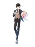  1boy black_hair black_jacket black_necktie black_pants black_socks blue_eyes bouquet brown_vest chrysanthemum closed_mouth closers collared_shirt flower full_body gloves hand_on_own_chest hand_up highres holding holding_bouquet jacket looking_to_the_side male_focus necktie official_art outstretched_arm oxfords pants pink_flower pink_rose rose seha_lee shirt short_hair smile socks solo suit swept_bangs tachi-e vest walking white_background white_flower white_footwear white_gloves white_shirt 