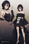  1girl black_camisole black_dress black_eyes black_hair black_jacket bleach camisole dress fishnet_thighhighs fishnets hair_between_eyes high_heels highres jacket kuchiki_rukia mostlybluewyatt short_hair solo sword thighhighs weapon 