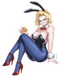  1girl alternate_costume android_18 animal_ears artist_name ass bare_shoulders black_leotard blonde_hair blue_eyes blue_pantyhose blush bow bowtie breasts burnt_green_tea cleavage closed_mouth commentary crossed_legs detached_collar dragon_ball dragon_ball_(object) dragon_ball_z ear_piercing english_commentary fake_animal_ears fingernails high_heels highres holding invisible_chair leotard medium_breasts pantyhose piercing playboy_bunny rabbit_ears red_bow red_bowtie red_footwear short_hair simple_background sitting solo strapless strapless_leotard thighs white_background wrist_cuffs 