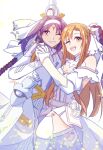 2girls absurdres ahoge armor asuna_(sao) asuna_(stacia) bare_shoulders braid breastplate breasts brown_eyes brown_hair detached_sleeves dress gloves hairband highres holding holding_hands long_hair looking_at_viewer multiple_girls neosight open_mouth purple_hair red_eyes smile sword_art_online sword_art_online_last_recollection thighhighs very_long_hair white_armor white_dress white_gloves white_thighhighs yuuki_(sao) 