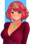  1girl alternate_costume blush breasts casual cleavage collarbone core_crystal_(xenoblade) dangle_earrings earrings highres jewelry large_breasts lips looking_to_the_side pyra_(xenoblade) r123 red_eyes red_hair short_hair sidelocks solo sweater swept_bangs tiara upper_body xenoblade_chronicles_(series) xenoblade_chronicles_2 