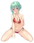  1girl absurdres bare_arms between_legs bikini blush breasts breasts_squeezed_together cleavage closed_mouth collarbone colored_eyelashes commentary_request crossed_bangs curvy eyelashes front-tie_bikini_top front-tie_top full_body fumimaru green_hair groin hair_between_eyes halterneck hand_between_legs head_tilt highres kneeling large_breasts looking_at_viewer midriff navel o-ring o-ring_bikini one_side_up purple_eyes red_bikini seductive_smile short_hair shy side-tie_bikini_bottom sidelocks simple_background smile solo spread_legs stomach straight-on swimsuit takadate_orie tenshi_souzou thighs upturned_eyes white_background 
