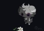  1other absurdres animal_ears artist_name bags_under_eyes black_background blue_eyes body_fur colored_sclera commentary_request espurr flower full_body furry grey_fur highres lily_(flower) looking_down other_focus pokemon pokemon_(creature) purple_sclera sad signature simple_background solo sora_(sorakuuhaku) standing tail twitter_username wavy_eyes white_flower 
