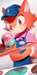  1boy animal_ears animal_nose apron artist_name avatar_(sonic_forces) blue_apron blue_headwear blush character_name closed_mouth clothes_writing fang food food_print furry furry_male gradient_background grey_background hands_up hat holding holding_food holding_ice_cream ice_cream iiimirai looking_at_viewer male_focus pink_shirt red_eyes red_fur shirt short_sleeves simple_background smile solo sonic_(series) sonic_forces standing table tail watermark white_background wing_collar wolf_boy wolf_ears wolf_tail 