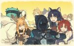  +_+ 1other 3girls 6+boys :q ahoge ambiguous_gender animal_ears arknights black_gloves black_hair black_shirt blue_hair brown_hair brown_jacket ceobe_(arknights) character_request dark-skinned_male dark_skin doctor_(arknights) dog_ears dog_girl drooling elysium_(arknights) ethan_(arknights) favilia fork gloves goggles goggles_on_head green_eyes hair_between_eyes holding holding_fork hood hood_down hooded_jacket jacket japanese_clothes licking_lips long_hair long_sleeves minimalist_(arknights) mouth_hold multiple_boys multiple_girls myrtle_(arknights) open_clothes open_jacket open_mouth pointy_ears red_eyes red_hair saga_(arknights) shirt simple_background stainless_(arknights) tank_top tongue tongue_out white_hair white_jacket white_tank_top yellow_background yellow_eyes 