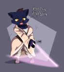  2023 absurd_res anthro clothed clothing domestic_cat felid feline felis female hi_res holding_object holding_weapon joaoppereiraus lightsaber mae_borowski mammal melee_weapon night_in_the_woods onomatopoeia open_mouth red_eyes simple_background solo sound_effects star_wars text weapon whiskers yellow_sclera 