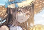  1girl bare_shoulders blue_ribbon blue_sky brown_hair close-up dappled_sunlight floral_print hat hat_ribbon light_smile looking_at_viewer original outdoors parted_lips portrait ribbon sakura_(39ra) sky solo straw_hat sunlight yellow_eyes 