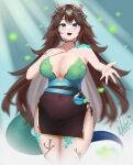  :d absurdres branch breasts brown_hair cleavage commentary dated dragon_tail english_commentary green_background green_eyes hand_on_own_chest highres horns indie_virtual_youtuber large_breasts light_rays long_hair looking_at_viewer natch_imaycz open_mouth scales signature smile sugi_aoki tail 
