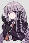  1girl black_gloves black_jacket black_ribbon braid brown_necktie closed_mouth collared_shirt cropped_torso danganronpa:_trigger_happy_havoc danganronpa_(series) gloves hair_ribbon highres jacket kirigiri_kyoko leaf_(identityv_leaf) long_hair long_sleeves necktie open_clothes open_jacket pink_hair purple_eyes ribbon shirt side_braid simple_background solo white_background white_shirt 