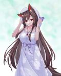  1girl alternate_costume animal_ear_fluff animal_ears breasts brown_hair commentary_request dress hashi2387 hat highres holding holding_clothes holding_hat imaizumi_kagerou jewelry long_hair looking_at_viewer open_mouth pendant red_eyes sleeveless solo tail touhou white_dress white_headwear wolf_ears wolf_girl wolf_tail 