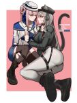  2girls absurdres animal_ears arknights ass black_footwear black_headwear black_jacket black_thighhighs boots breasts cat_ears cat_tail ceylon_(arknights) commentary_request ears_through_headwear eye_contact fedora hat headset highres jacket large_breasts leggings long_hair looking_at_another multiple_girls official_alternate_costume pants parted_lips pink_hair schwarz_(arknights) schwarz_(skyline)_(arknights) tail thigh_strap thighhighs thighs very_long_hair white_headwear white_pants yat_(tsmn7245) yuri 