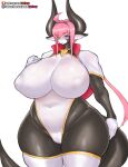  ahoge anthro big_breasts big_tail black_body black_horn blue_eyes blush breasts camel_toe clothing curvy_figure dragon elizabeth_(girlsay) eyelashes female girlsay hair half-closed_eyes hi_res horn huge_breasts leotard long_hair looking_at_viewer narrowed_eyes navel nipple_outline pink_hair portrait sidelocks simple_background smile solo standing tail thick_thighs three-quarter_portrait voluptuous white_background white_body white_clothing white_leotard wide_hips 