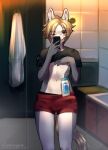  1boy animal_ears black_shirt blonde_hair boxer_briefs brown_eyes bulge cellphone dide6an erection erection_under_clothes freckles furry furry_male highres holding holding_phone horse_ears horse_tail looking_at_viewer male_focus male_underwear navel nipples object_on_bulge one_eye_closed original otoko_no_ko phone red_male_underwear shampoo_bottle shampoo_challenge shirt short_hair short_sleeves smartphone smile solo t-shirt tail underwear 