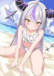  1girl absurdres ahoge barefoot beach bikini blue_sky blush breasts cloud grey_hair highres hololive horns la+_darknesss long_hair looking_at_viewer multicolored_hair navel outdoors pointy_ears purple_hair sitting sky small_breasts solo swimsuit tail two-tone_hair virtual_youtuber wariza white_bikini white_nails yellow_eyes youyoukai 