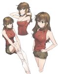 1girl absurdres adjusting_clothes adjusting_legwear adjusting_shirt armpits arms_up bare_shoulders breasts brown_eyes brown_hair brown_shorts christina_sierra closed_mouth commentary_request gundam gundam_00 hair_between_eyes highres invisible_chair large_breasts long_hair looking_ahead looking_at_viewer low_ponytail multiple_views nanao_parakeet parted_lips red_shirt shirt shorts sitting sleeveless sleeveless_shirt smile socks thighs turtleneck_shirt wavy_hair white_socks 