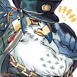  accipitrid accipitriform ankh anthro avian beak bird blue_body blue_feathers chain chest_tuft cop_hat eagle ear_piercing ear_ring eye_patch eyewear feathers hair hi_res horus_(tas) lifewonders male piercing police ponytail ring_piercing solo tokyo_afterschool_summoners tuft white_body white_feathers yokuzi_41 