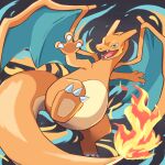  animal_focus arms_up blue_eyes charizard claws commentary_request fangs flame-tipped_tail full_body highres leg_up looking_at_viewer neko_gyoza no_humans open_mouth partial_commentary pokemon pokemon_(creature) solo standing standing_on_one_leg 