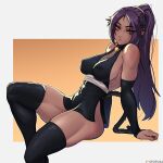  1girl absurdres artist_name bare_shoulders bell black_sleeves black_thighhighs bleach blush breasts cat_tail covered_abs covered_nipples dark-skinned_female dark_skin detached_sleeves highres japanese_clothes jingle_bell large_breasts long_hair looking_at_viewer neck_bell parted_bangs patreon_logo ponytail purple_hair shihouin_yoruichi sideboob sitting skindentation smile solo stopu tail thick_thighs thighhighs thighs toned yellow_eyes 