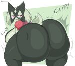  2023 anthro big_breasts big_butt breasts butt female generation_9_pokemon hi_res huge_butt looking_back meowscarada nintendo onomatopoeia pokemon pokemon_(species) side_boob simple_background solo sound_effects startop text thick_thighs twerking 