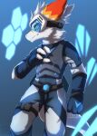  anthro armor black_belt blue_bottomwear blue_clothing blue_pants blue_topwear bottomwear cheek_tuft clothed clothing ears_back facial_tuft fur grey_armor head_tuft hi_res kuttoyaki male mouth_closed neck_tuft pants pivoted_ears signature simple_background solo topwear tuft wearing_goggles white_body white_fur 
