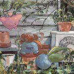  air_conditioner branch closed_eyes closed_mouth drooling floating gloom_(pokemon) highres hoppip leaf looking_at_another oddish open_mouth outdoors plant pokemon pokemon_(creature) potted_plant sakusakufugashi smile standing wooden_wall 