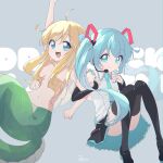 2girls :d absurdres ahoge blonde_hair blue_eyes blue_hair boots crossover detached_sleeves fang hatsune_miku headset highres jashin-chan jashin-chan_dropkick lamia locked_arms long_hair monster_girl multiple_girls necktie potoio simple_background sitting sleeveless smile thigh_boots topless twintails vocaloid 