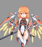  ahoge black_gloves covered_navel elbow_gloves energy_wings gatasu313 gloves grey_background groin highleg highleg_leotard highres leotard mechanical_wings open_mouth orange_eyes orange_gloves orange_hair original short_hair simple_background staff thigh_gap thighhighs two-tone_gloves weapon white_leotard white_thighhighs wings 