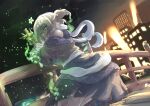  1girl arm_warmers bare_shoulders blonde_hair bridge glowing glowing_eyes green_eyes highres indatsukasa looking_back mizuhashi_parsee mouth_hold off_shoulder pointy_ears railing scarf short_hair solo spotlight straw_doll touhou underground 