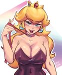  1girl absurdres akirascrolls1 alternate_costume artist_name blonde_hair blue_eyes breasts cleavage collarbone covered_navel crown earrings highres jewelry large_breasts lipstick long_hair looking_at_viewer makeup mario_(series) naughty_face open_mouth pink_lips princess princess_peach smile super_mario_bros._1 tongue 