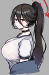  1girl black_choker black_hair blue_archive blue_jacket breasts choker closed_mouth commentary grey_background hair_between_eyes halo hasumi_(blue_archive) hasumi_(track)_(blue_archive) highres huge_breasts jacket jacket_partially_removed long_bangs long_hair looking_at_viewer mini2chainz mole mole_under_eye official_alternate_costume ponytail red_eyes red_halo shirt short_sleeves simple_background solo upper_body white_shirt 