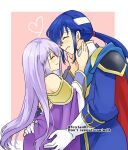  1boy 1girl bare_shoulders blue_hair brother_and_sister cape circlet closed_eyes dress fire_emblem fire_emblem:_genealogy_of_the_holy_war headband holding hug implied_incest incest julia_(fire_emblem) purple_hair reaching_towards_another seliph_(fire_emblem) siblings simple_background white_headband yukia_(firstaid0) 
