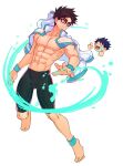  2boys abs avan_geiserford barefoot black_hair black_male_swimwear blue_bracelet blue_eyes chibi closed_mouth cseighteen full_body glasses jacket jacket_on_shoulders jock_studio_(blits_games) male_swimwear multiple_boys muscular muscular_male navel no_nipples white_background white_jacket 