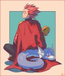  1boy border cape charmander dragon dratini film_grain from_behind highres kwsby_124 lance_(pokemon) looking_at_another looking_back peeking pokemon pokemon_(creature) red_border red_cape red_hair signature sitting sleeping spiked_hair 