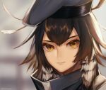  1girl arknights beret bibabunie brown_hair closed_mouth feather_hair grey_headwear hat light_smile lips looking_at_viewer messy_hair plume_(arknights) portrait short_hair solo yellow_eyes 